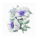 bouquet with only these flowers: wisteria, poppy, morning glory, carnation, ivy, daisy, rose, violet, cornelia tattoo design idea