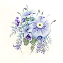 bouquet with only these flowers: wisteria, poppy, morning glory, carnation, ivy, daisy, rose, violet, cornelia tattoo design idea