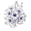 bouquet with only these flowers: wisteria, poppy, morning glory, carnation, ivy, daisy, rose, violet, cornelia tattoo design idea