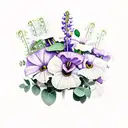 a bouquet of the following flowers: wisteria, violet, ivy, rose, poppy, morning glory, carnation, daisy tattoo design idea