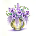 flowers in a vase with wisteria, violet, ivy, rose, poppy, morning glory, carnation, daisy tattoo design idea