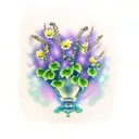 flowers in a vase with wisteria, violet, ivy, rose, poppy, morning glory, carnation, daisy tattoo design idea