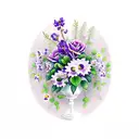 flowers in a vase with wisteria, violet, ivy, rose, poppy, morning glory, carnation, daisy tattoo design idea