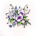 a bouquet of the following flowers: wisteria, violet, ivy, rose, poppy, morning glory, carnation, daisy tattoo design idea