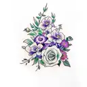a bouquet of the following flowers: wisteria, violet, ivy, rose, poppy, morning glory, carnation, daisy tattoo design idea