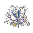 a bouquet of the following flowers: wisteria, violet, ivy, rose, poppy, morning glory, carnation, daisy tattoo design idea