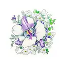 a bouquet of the following flowers: wisteria, violet, ivy, rose, poppy, morning glory, carnation, daisy tattoo design idea