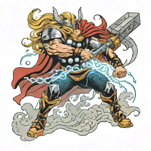 A scene depicting Thor battling an evil creature, with your kids' names hidden within the elements of the design tattoo design idea