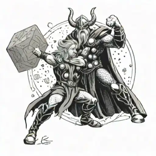 A scene depicting Thor battling an evil creature, with your kids' names hidden within the elements of the design tattoo design idea