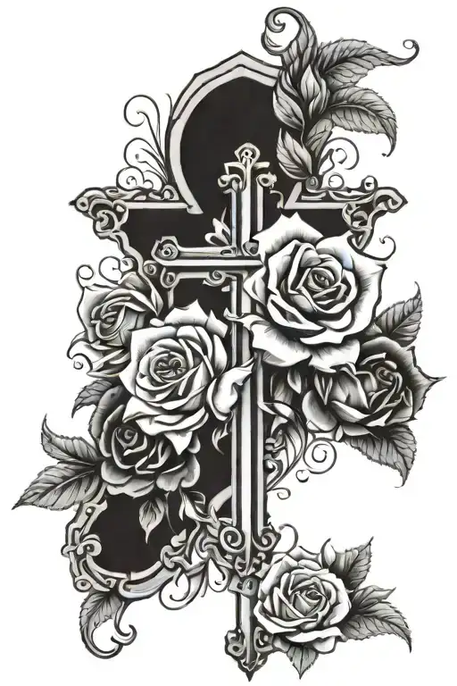 shaded cross with roses growing tattoo design idea