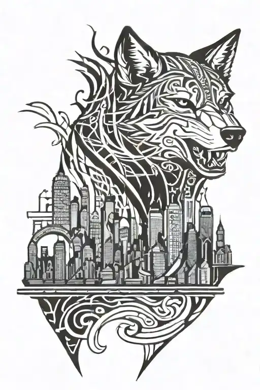 wolf nyc skyline tattoo design idea