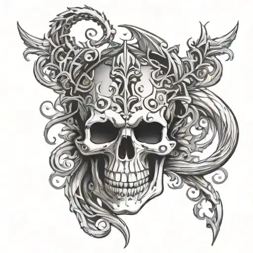 A gothic-inspired skull with intricate dagger and dragon motifs intertwined in the design tattoo design idea
