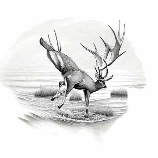 white tail deer, trout jumping out of water in a stream, bald eagle, loon tattoo design idea