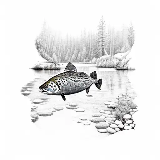 A serene forest scene with a hidden Brown Trout swimming in a crystal-clear stream tattoo design idea
