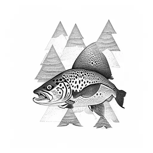 A serene woods scene with a hidden brown trout swimming in a river tattoo design idea