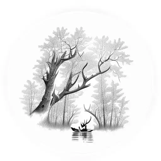 a Silhouette of a whitetail buck in background of serene forest scene with a Trout swimming in a crystal-clear stream tattoo design idea