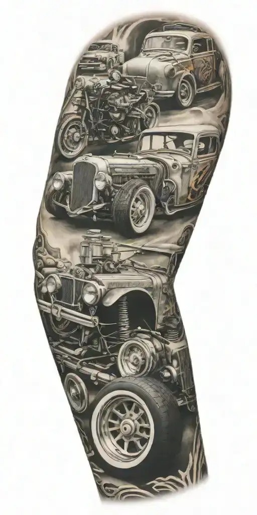 full arm sleeve. hot rod and fabrication theme  tattoo design idea