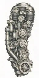 Upper Arm (Shoulder):  Background: A faded blueprint of a classic car engine (V8 or desired engine type) fills the upper tattoo design idea