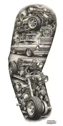full arm sleeve. hot rod and fabrication theme  tattoo design idea