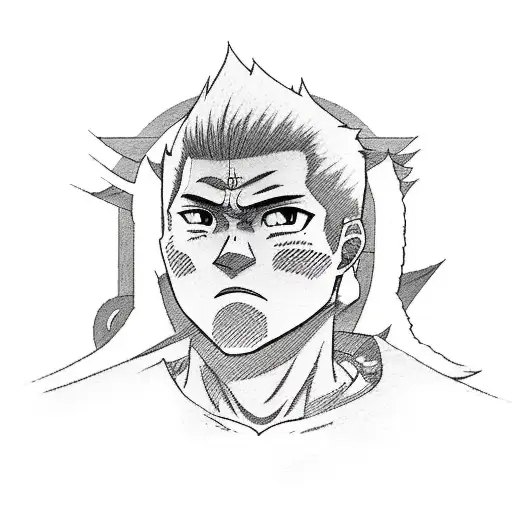 A sketch-style tattoo of Gojo Satoru surrounded by iconic symbols from Jujutsu Kaisen tattoo design idea