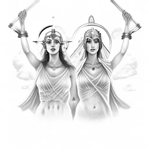 Two Greek goddesses,  The oblivion one is a young woman holding a bowl of water, the memory goddess is a mature woman  tattoo design idea