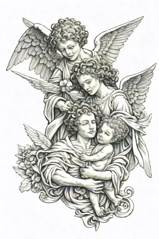 Archangel Gabriel, with a small curly hair 6 month baby angel by his side. make it celestic and surreal tattoo design idea