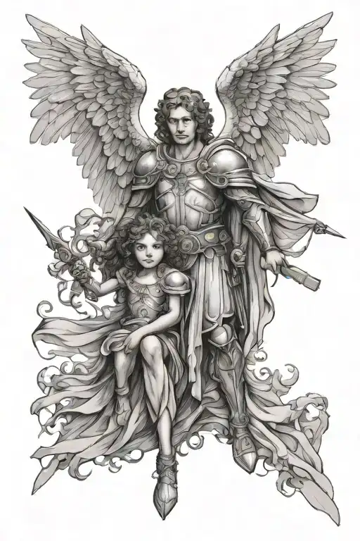 Warrior Archangel Gabriel, with a small curly hair baby angel by his side. make it celestic and surreal tattoo design idea