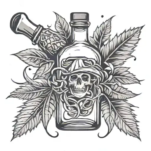 A tequila bottle with football laces and weed leaves tattoo design idea