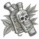A tequila bottle with football laces and weed leaves tattoo design idea