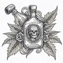 A tequila bottle with football laces and weed leaves tattoo design idea
