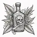 A tequila bottle with football laces and weed leaves tattoo design idea