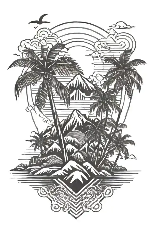 tropical island with palm trees, mountain, waves and sun rays tattoo design idea