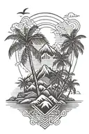 tropical island with palm trees, mountain, waves and sun rays tattoo design idea