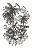 tropical island with palm trees, mountain, waves and sun rays tattoo design idea