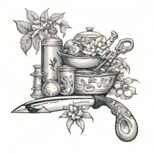 A culinary-themed sleeve tattoo featuring various cooking ingredients and tools, with hidden scorpions and flowers intertwined tattoo design idea