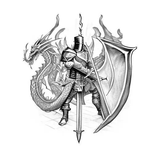 Knight with a flaming sword fighting a dragon tattoo design idea