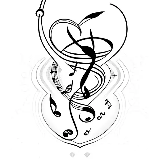 A minimalist representation of a heart with musical symbols inside and the words 'Porque mi corazón siempre estará donde estés' tattoo design idea