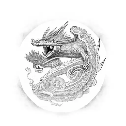 quetzalcoatl with a axolotl resting on it tattoo design idea