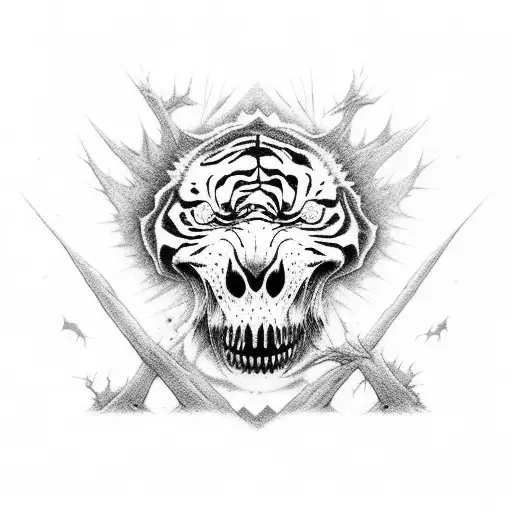 dark fantasy art with tiger, skull, and trees are being consumed by nature  tattoo design idea
