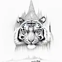 dark fantasy with tiger, cave, tree, animal skulls that are consumed by nature tattoo design idea