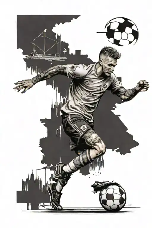 A tattoo of a soccer player in action, surrounded by iconic landmarks of Plymouth, creating a unique tribute to the client's hometown and passion for soccer tattoo design idea