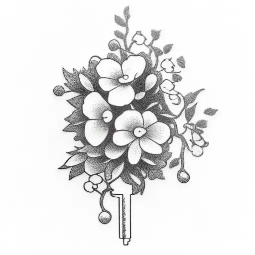 old Key with japanese Cherry flowers tattoo design idea