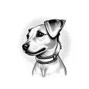 Illustrate a Jack Russell playing a musical instrument associated with Depeche Mode tattoo design idea