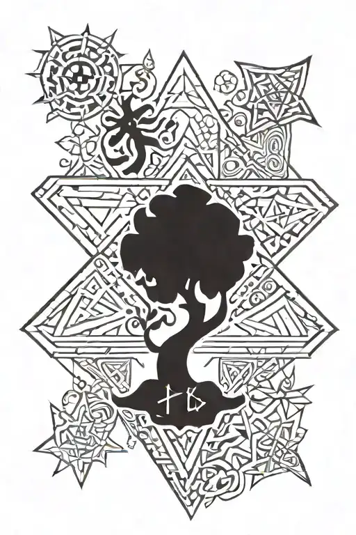 A sketchy Amazigh Berber tattoo design highlighting the symbols of The Taureau, The NET, AND FISH, The star or cross, The diamond, The olive Tree, The yaz, and The Plus tattoo design idea
