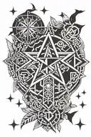 A geometric Amazigh Berber tattoo design incorporating the symbols of The Taureau, The NET, AND FISH, The star or cross, The diamond, The olive Tree, The yaz, and The Plus tattoo design idea