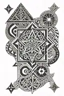 A geometric Amazigh Berber tattoo design incorporating the symbols of The Taureau, The NET, AND FISH, The star or cross, The diamond, The olive Tree, The yaz, and The Plus tattoo design idea