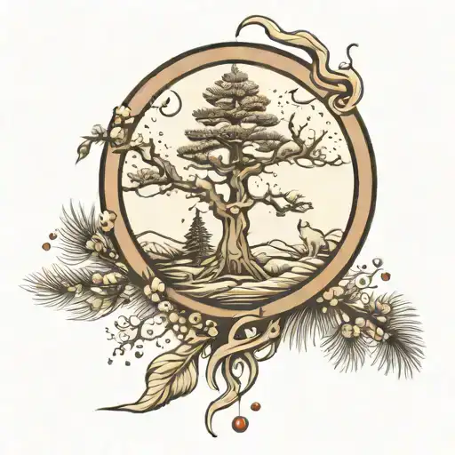 wofl, moon and pinetree tattoo design idea