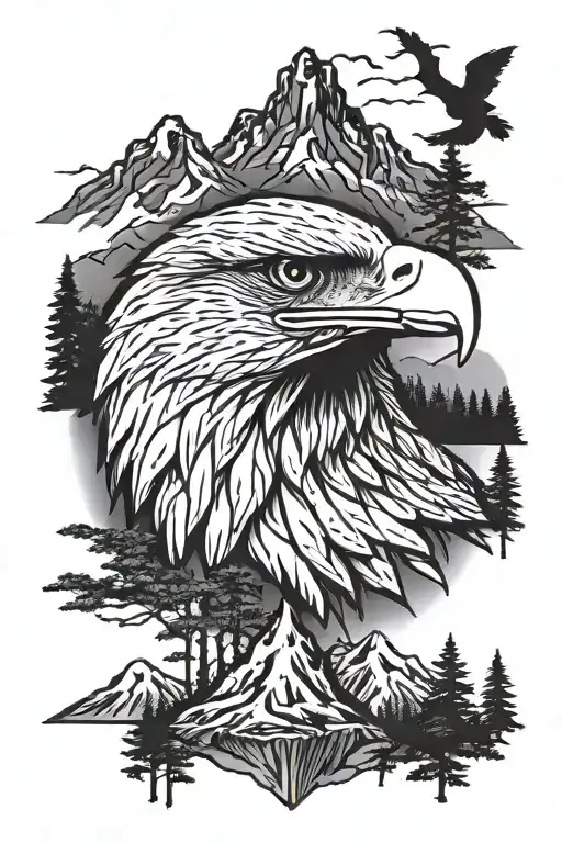 eagle face and mountain with trees tattoo design idea