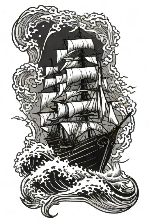 old ship surrounded with big waves heading to the coast tattoo design idea