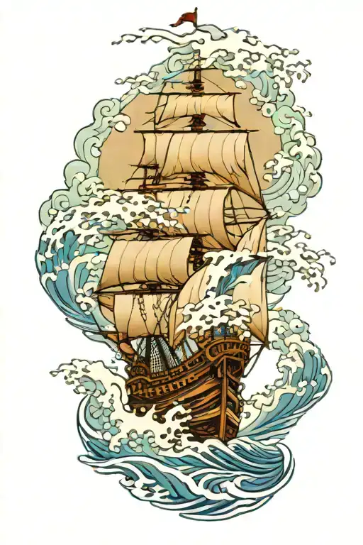 old ship surrounded with big waves heading to the coast tattoo design idea